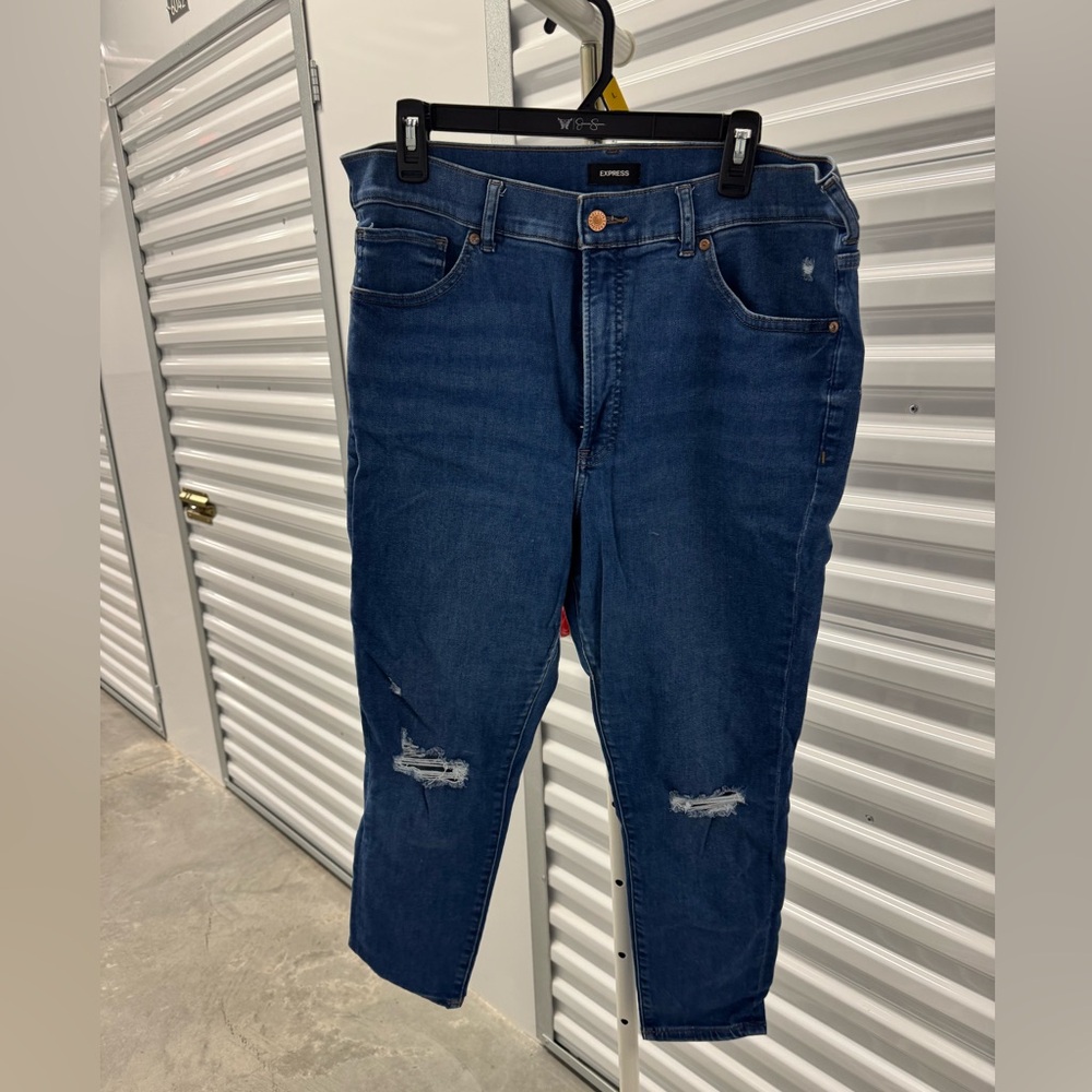Express Jeans Slim Super Highrise Womens Size 14S Dark Wash Distressed